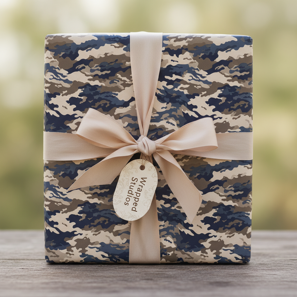 Camouflage wrapping paper on a gift box with a beige ribbon and bow.