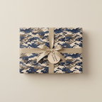 Gift wrapped in camouflage wrapping paper with a beige ribbon and bow.
