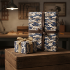 Camouflage gift wrap on two presents with brown ribbons; rustic, military-themed birthday wrapping paper.