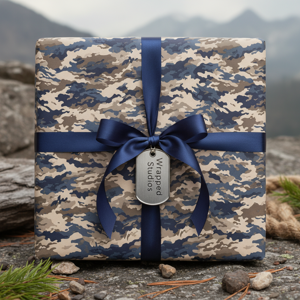 Camouflage wrapping paper, blue ribbon, and custom military-style dog tag for the perfect soldier gift.