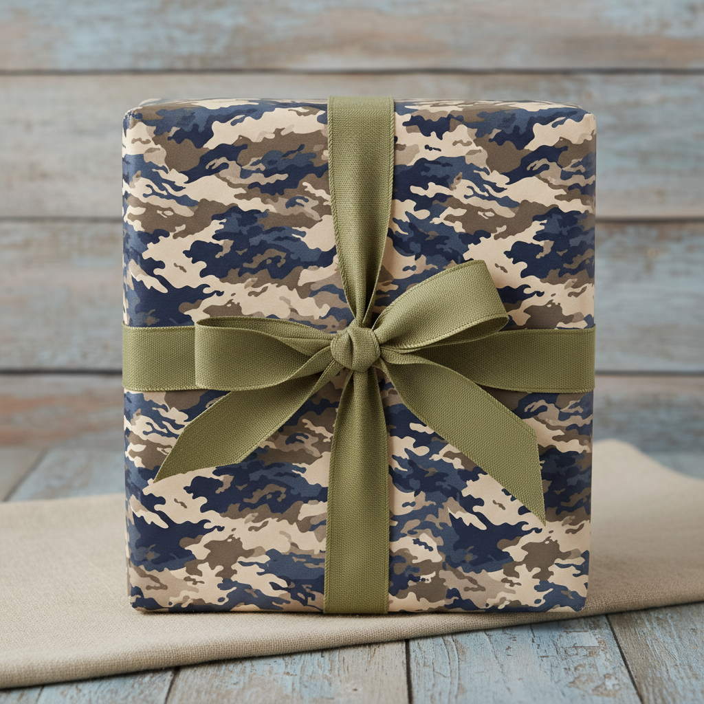 Camouflage gift wrap with olive green ribbon on square box, suitable army, military, or outdoors themed birthday wrapping paper.