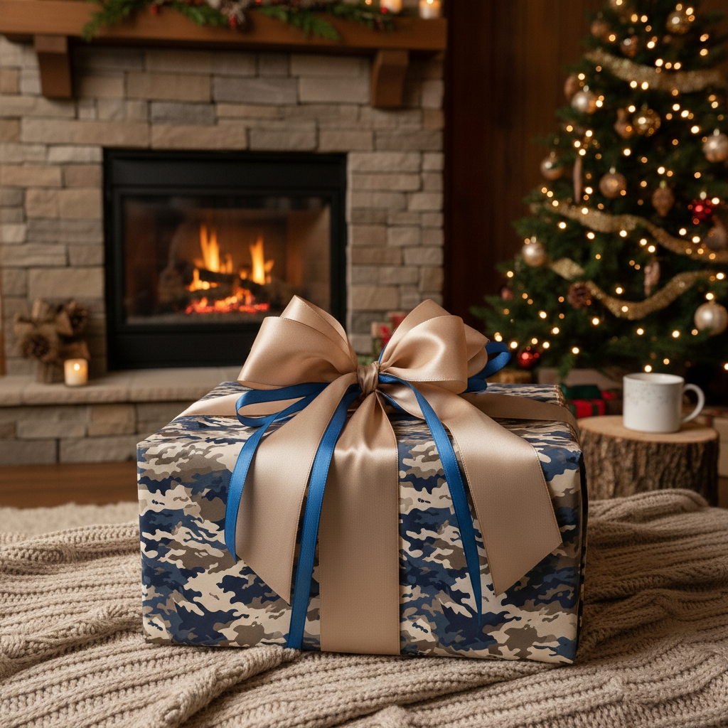 Christmas gift wrapped in blue camo wrapping paper with gold ribbon and bow near a decorated tree.