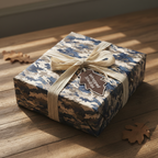 Camouflage wrapping paper on a gift with tan ribbon and tree-shaped tag.