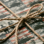Patriotic American flag wrapping paper with soldier silhouettes and a rustic twine bow by Wrapped Studios.