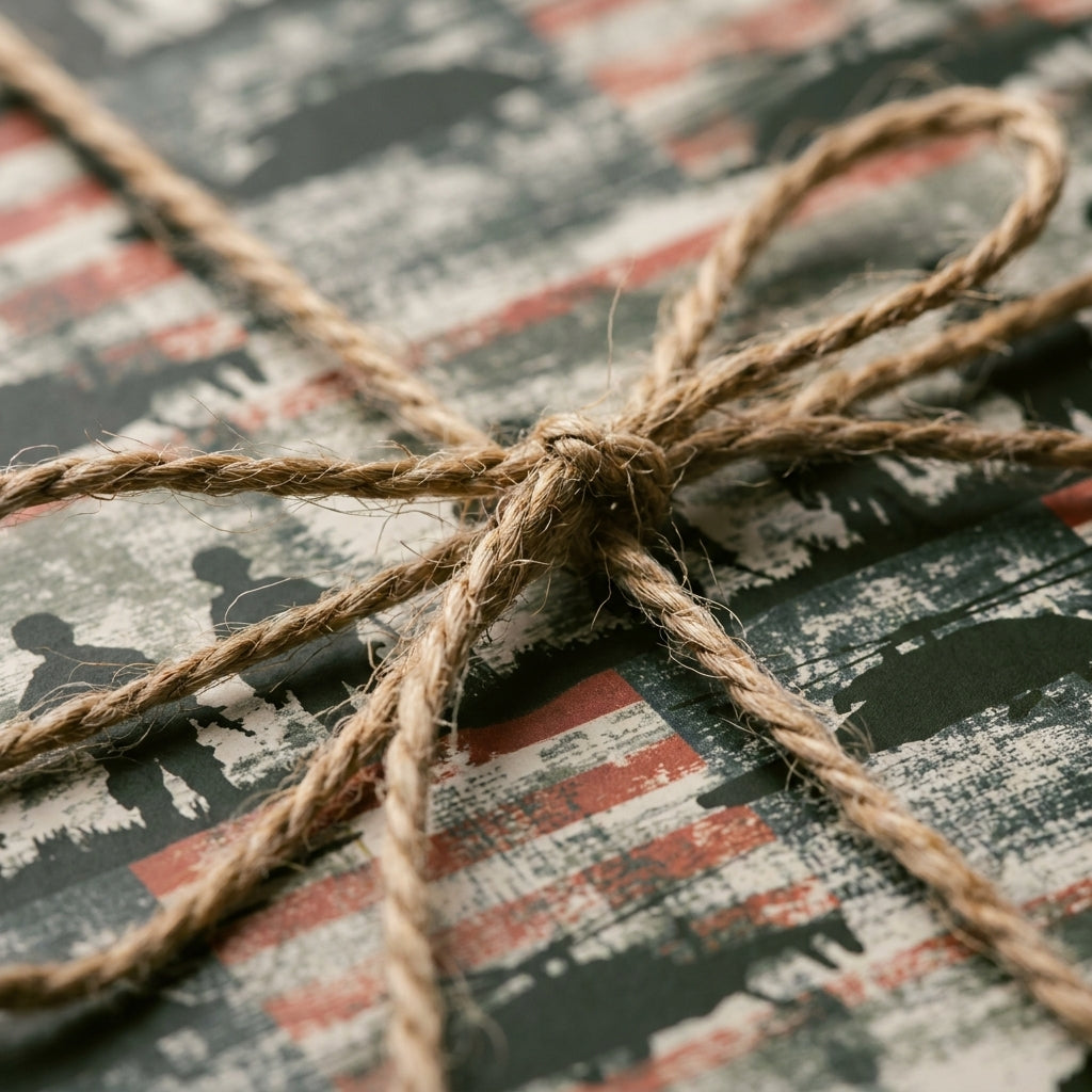 Patriotic American flag wrapping paper with soldier silhouettes and a rustic twine bow by Wrapped Studios.
