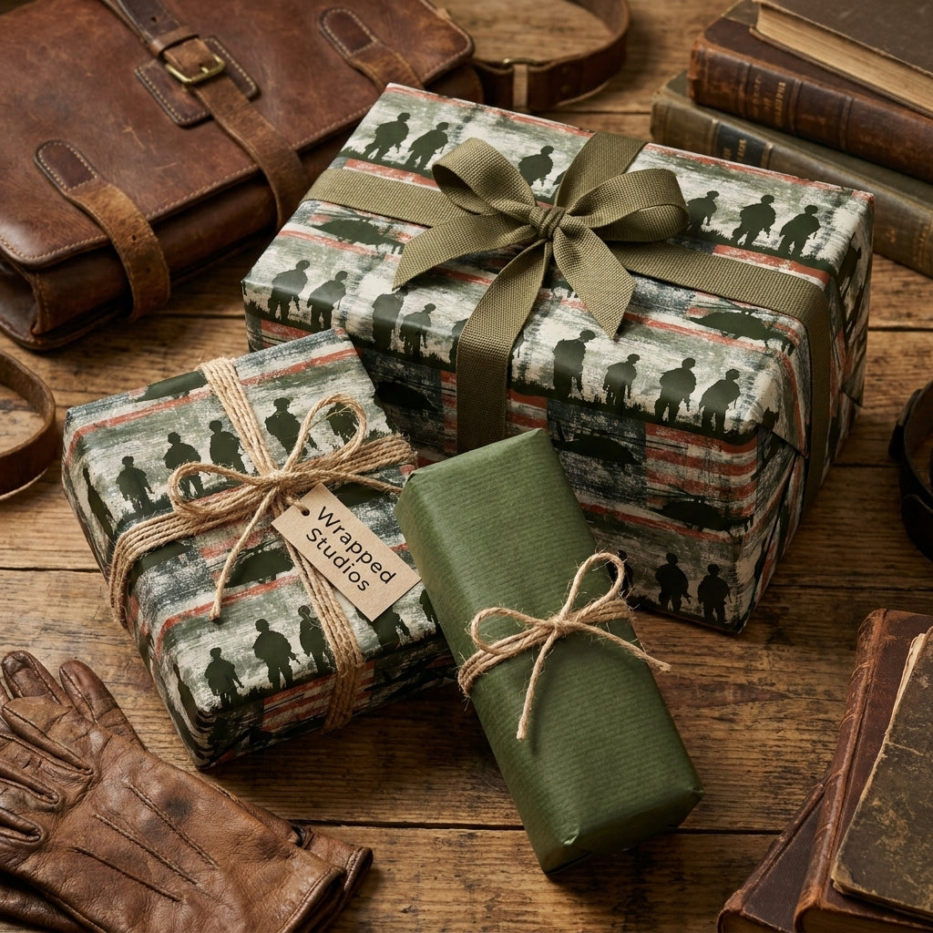 Military gift wrap with soldier silhouettes and green ribbon on patriotic presents by Wrapped Studios.