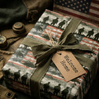 Military homecoming wrapping paper with soldier silhouettes and Welcome Home gift tag by Wrapped Studios.