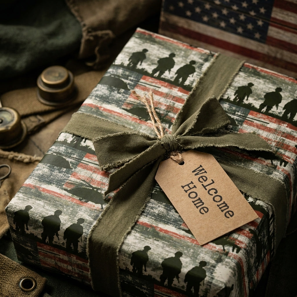 Military homecoming wrapping paper with soldier silhouettes and Welcome Home gift tag by Wrapped Studios.