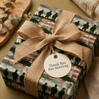 Patriotic military wrapping paper with soldier silhouettes, burlap bow, and thank you tag by Wrapped Studios.