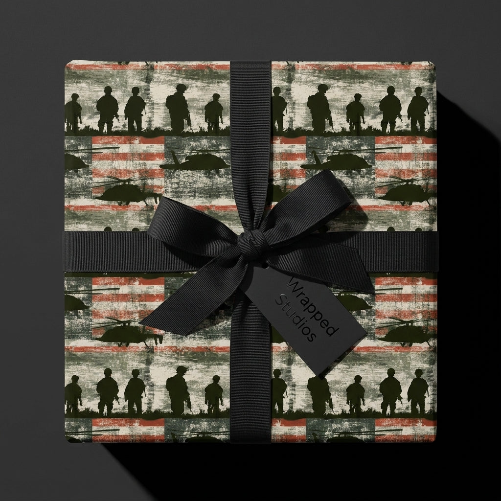 Patriotic military wrapping paper with army soldier silhouettes and black bow by Wrapped Studios.