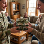 Soldier hands army wrapping paper gift with green bow to emotional woman. Patriotic gift wrap by Wrapped Studios.