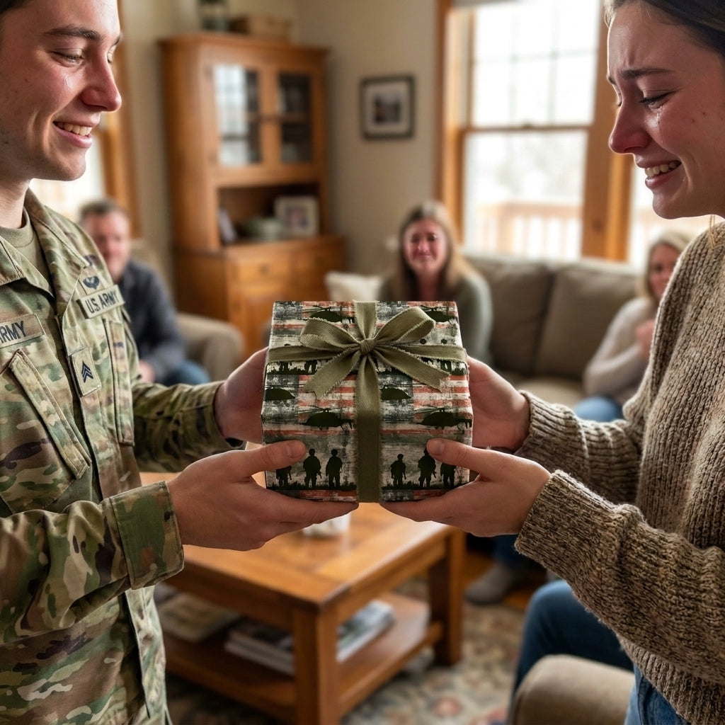 Soldier hands army wrapping paper gift with green bow to emotional woman. Patriotic gift wrap by Wrapped Studios.