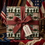 Patriotic American flag military wrapping paper with soldier silhouettes and a red bow by Wrapped Studios.