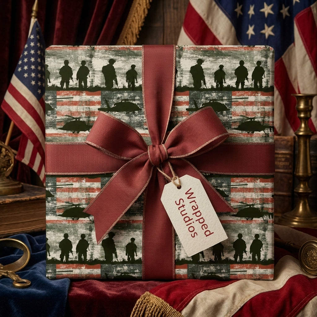 Patriotic American flag military wrapping paper with soldier silhouettes and a red bow by Wrapped Studios.