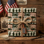 Patriotic military wrapping paper with soldier silhouettes and a rustic twine bow, by Wrapped Studios.