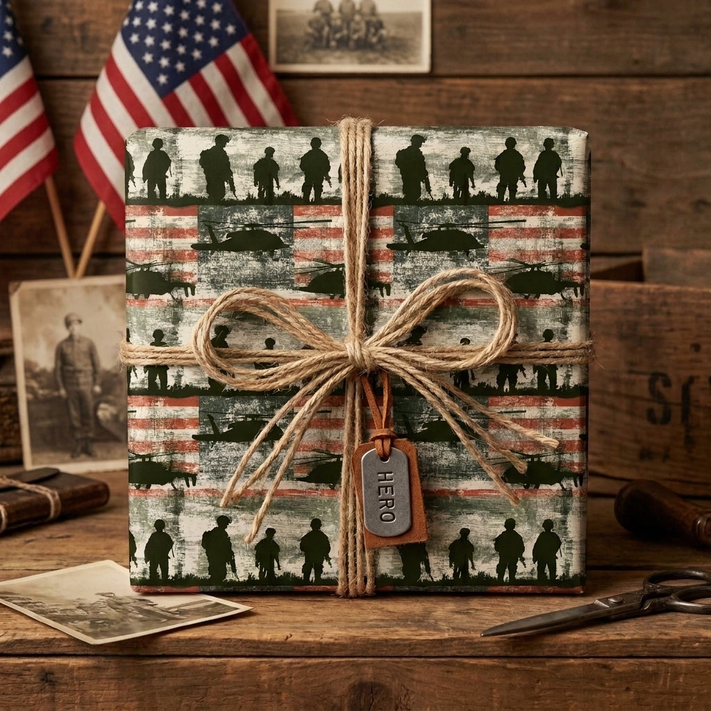 Patriotic military wrapping paper with soldier silhouettes and a rustic twine bow, by Wrapped Studios.