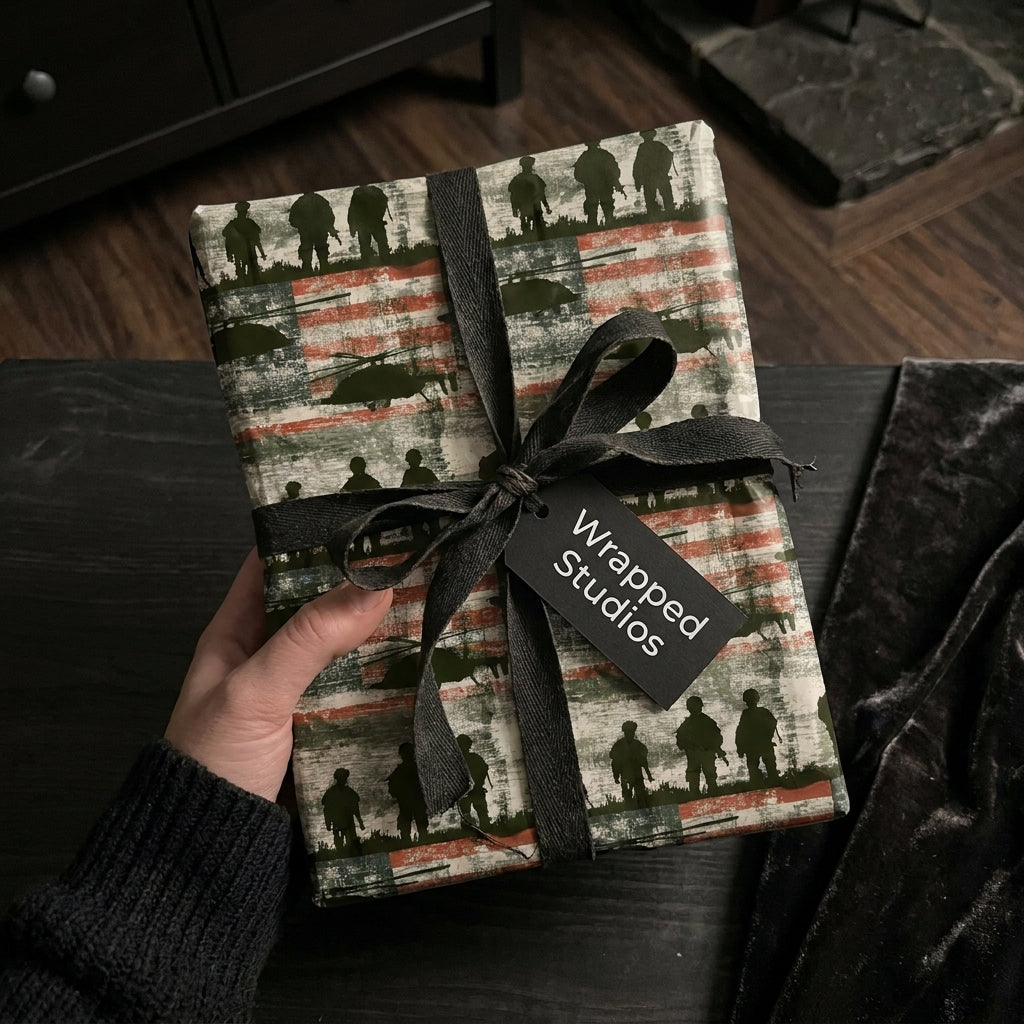 Hand holding a gift in patriotic military wrapping paper with soldier silhouettes, by Wrapped Studios.