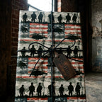 Military wrapping paper with American flag and soldier silhouettes, with a For Him tag by Wrapped Studios.