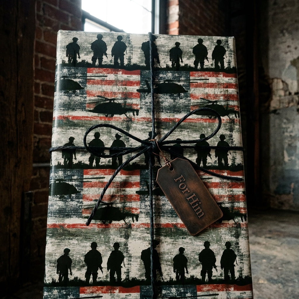Military wrapping paper with American flag and soldier silhouettes, with a For Him tag by Wrapped Studios.