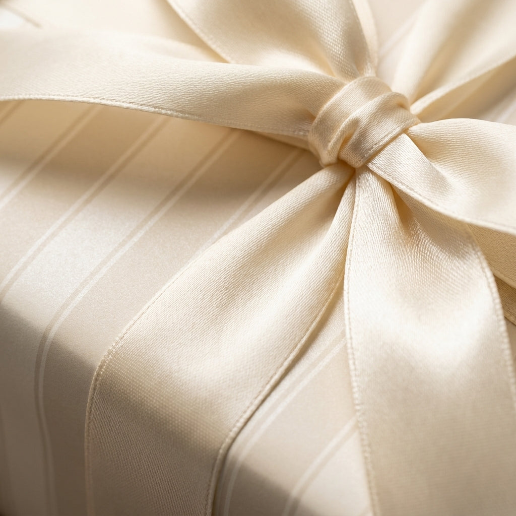 Elegant cream striped wedding wrapping paper with satin bow, luxury gift wrap by Wrapped Studios.
