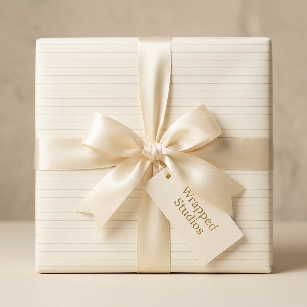 Elegant cream pinstripe wrapping paper by Wrapped Studios, featuring an ivory satin bow for luxury wedding gifts.