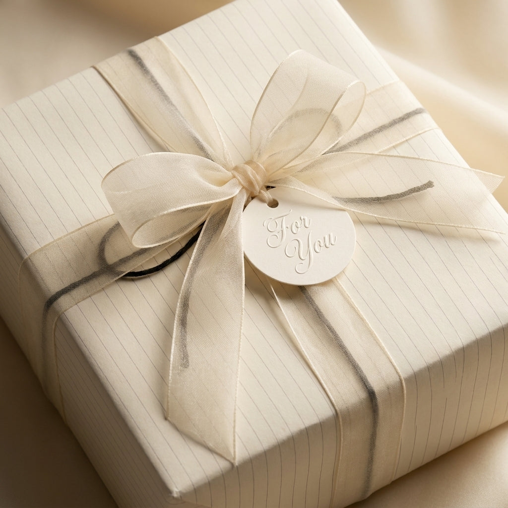 Luxury minimalist wrapping paper in cream with a sheer ribbon bow and "For You" tag by Wrapped Studios.