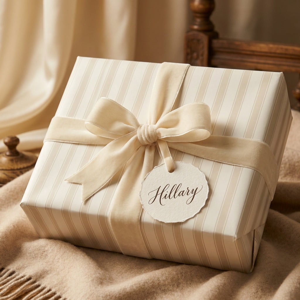Luxury cream striped wrapping paper with a velvet ribbon and bow by Wrapped Studios.