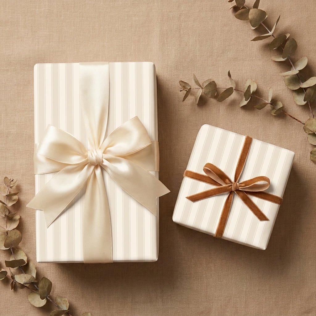 Luxury striped wrapping paper on elegant gift boxes with satin and velvet bows by Wrapped Studios.
