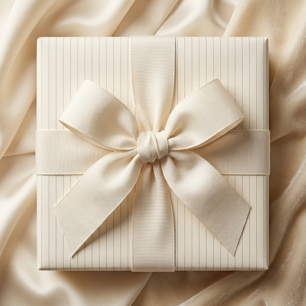 Elegant cream pinstripe wedding wrapping paper with a matching bow, by Wrapped Studios.