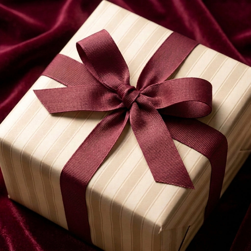 Cream and beige striped wrapping paper with a burgundy bow, luxury gift wrap by Wrapped Studios.