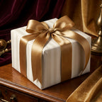 Elegant striped wrapping paper with a gold satin bow on a luxury gift box by Wrapped Studios.