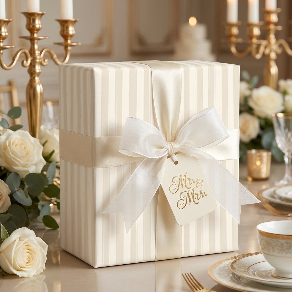 Elegant cream striped wedding gift wrap with a satin bow and Mr. & Mrs. tag by Wrapped Studios.