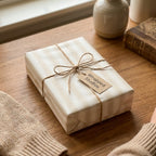 Beige minimalist striped wrapping paper by Wrapped Studios, tied with rustic twine on a cozy wooden table.