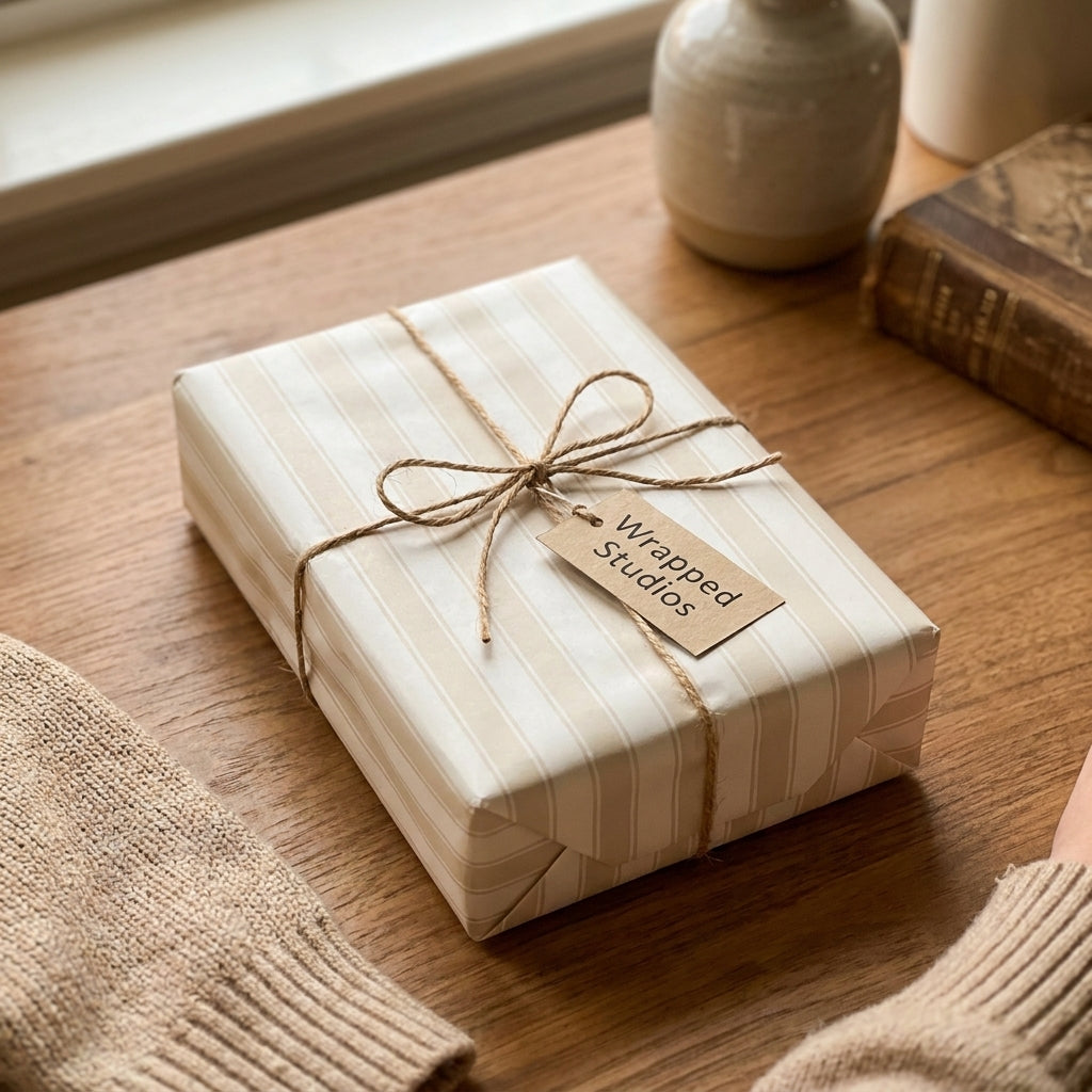 Beige minimalist striped wrapping paper by Wrapped Studios, tied with rustic twine on a cozy wooden table.