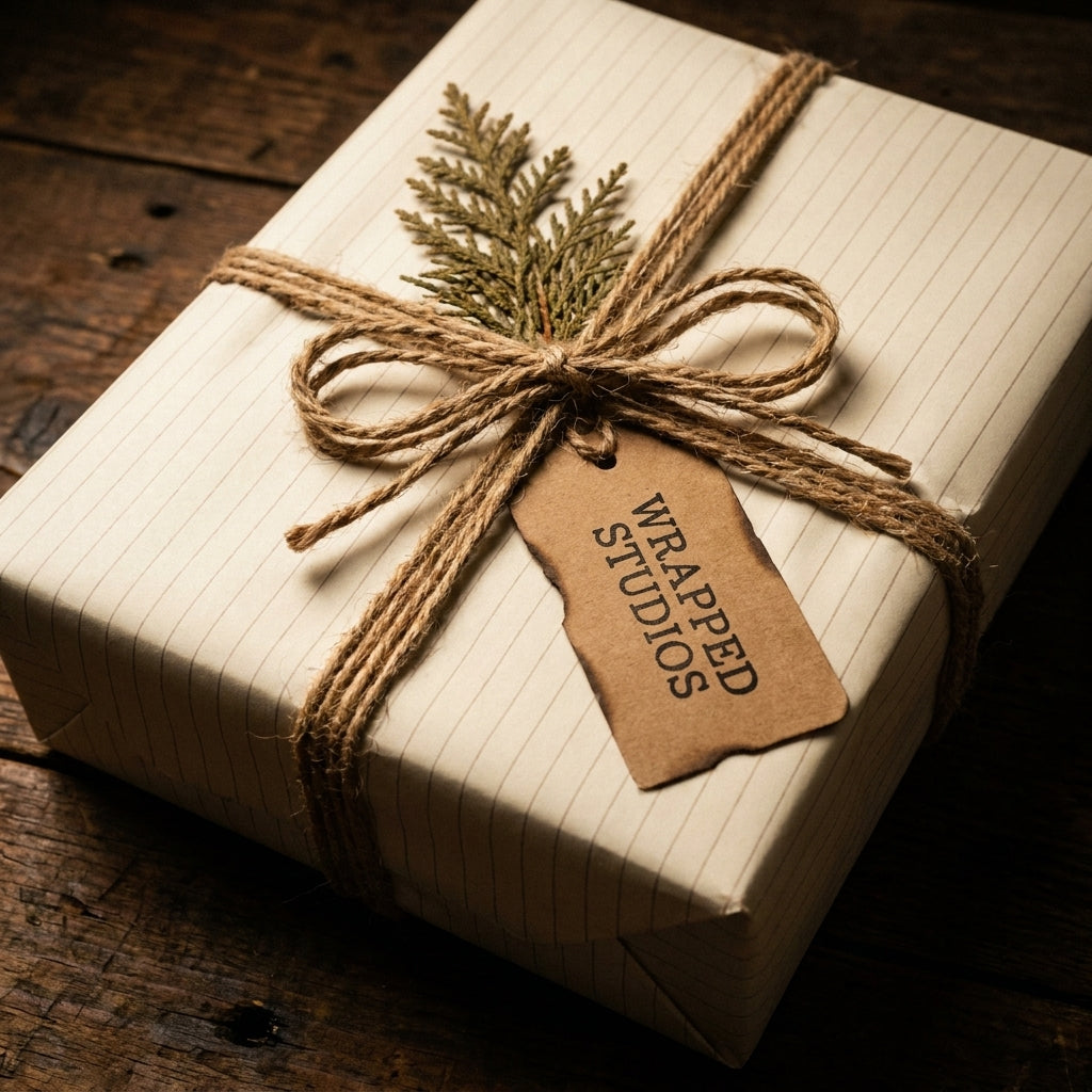 Rustic Christmas gift wrap with cream striped paper, twine bow, and a Wrapped Studios tag.
