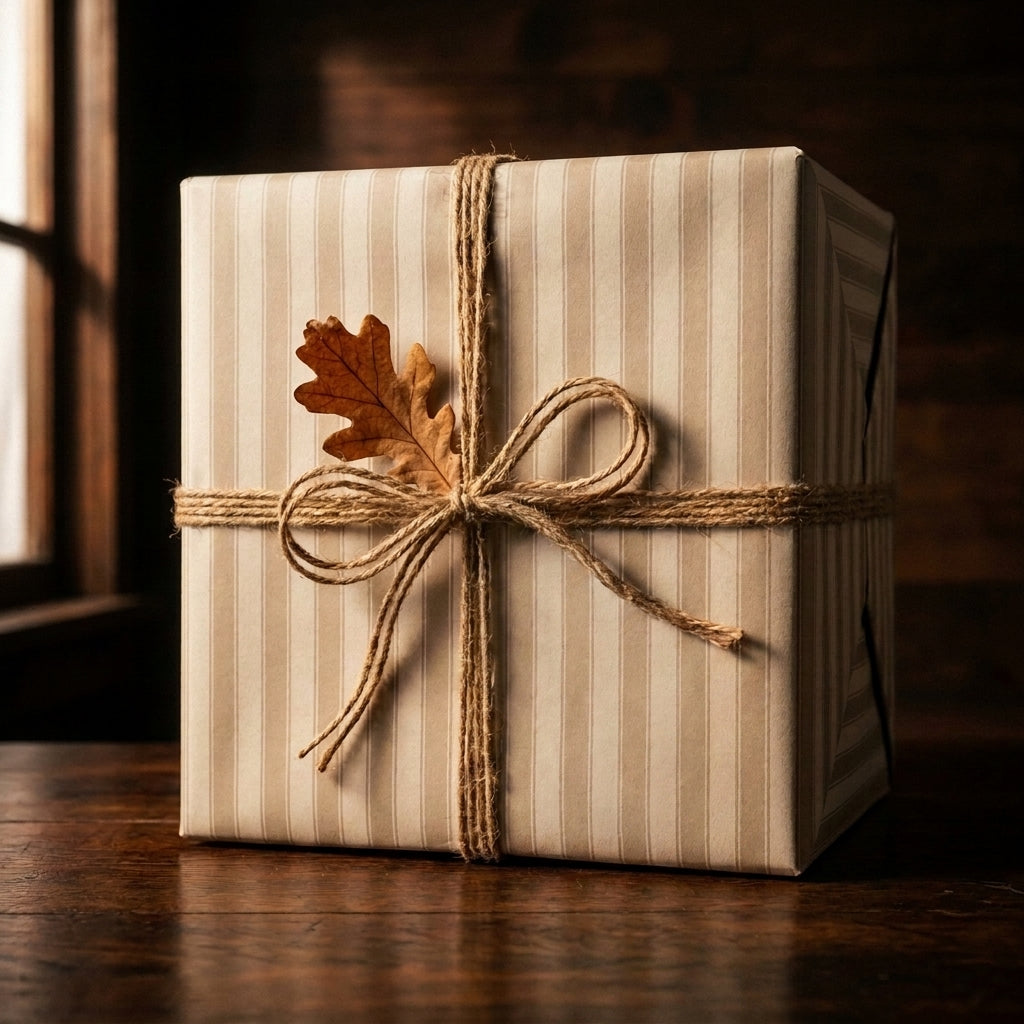 Rustic beige striped wrapping paper with a twine bow and autumn leaf by Wrapped Studios.