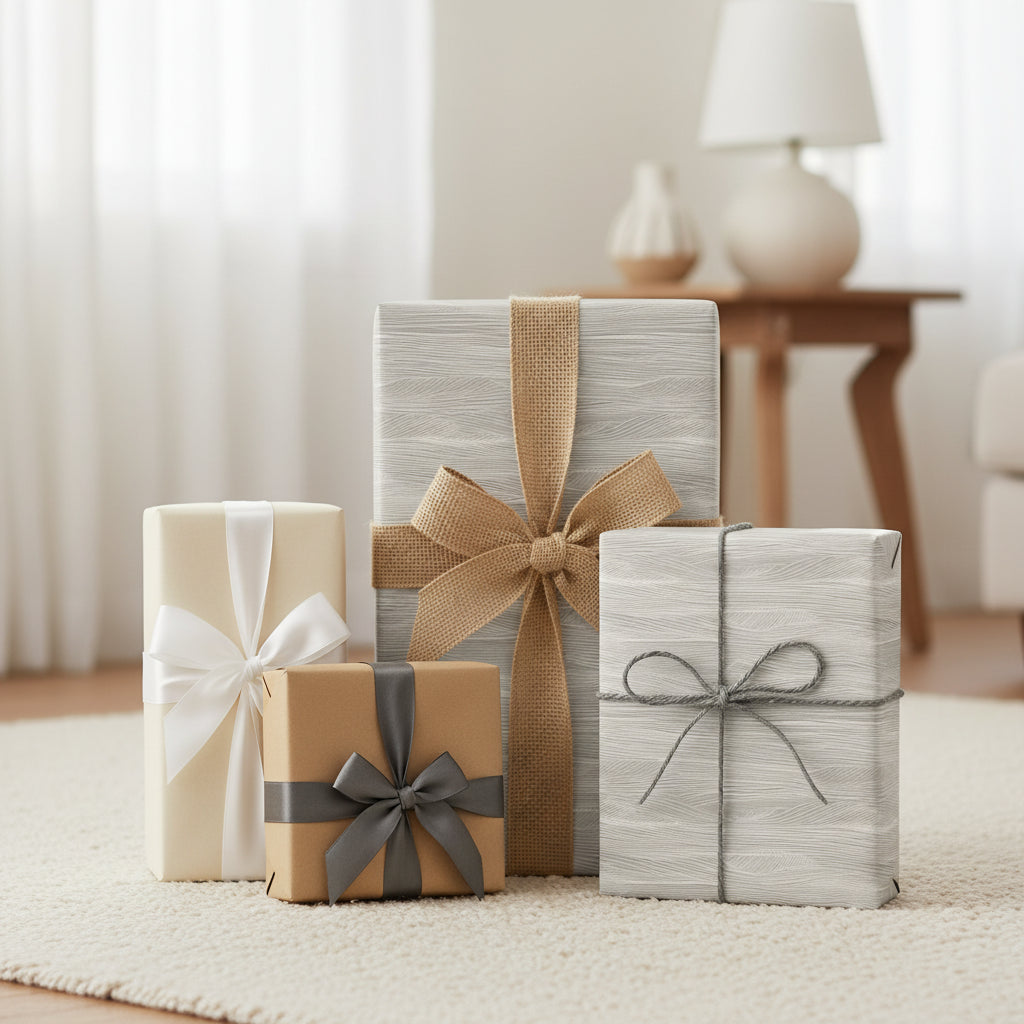Elegant gift wrapping: Assorted presents wrapped in gray woodgrain paper with burlap and satin ribbon bows.
