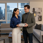 Couple exchanging a gift wrapped in textured gray wrapping paper with a dark gray ribbon.