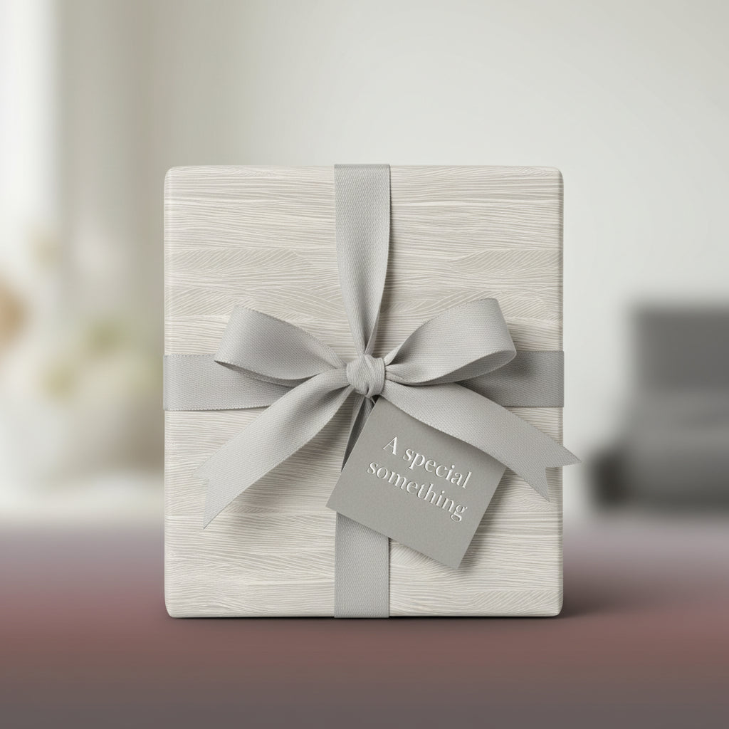 Elegant gift wrapped in minimalist wrapping paper with a soft grey ribbon and a tag saying "A special something".
