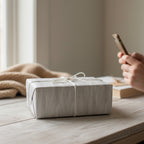 Modern gray gift wrap with simple twine bow on a rectangular present.