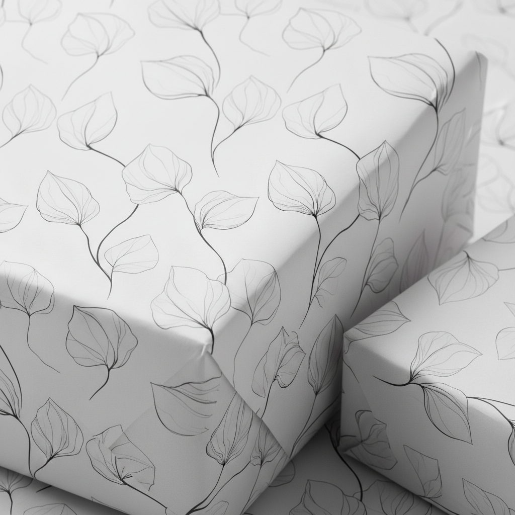 Elegant minimalist floral wrapping paper in white with delicate black line art leaves, perfect for wedding or luxury gift wrap.