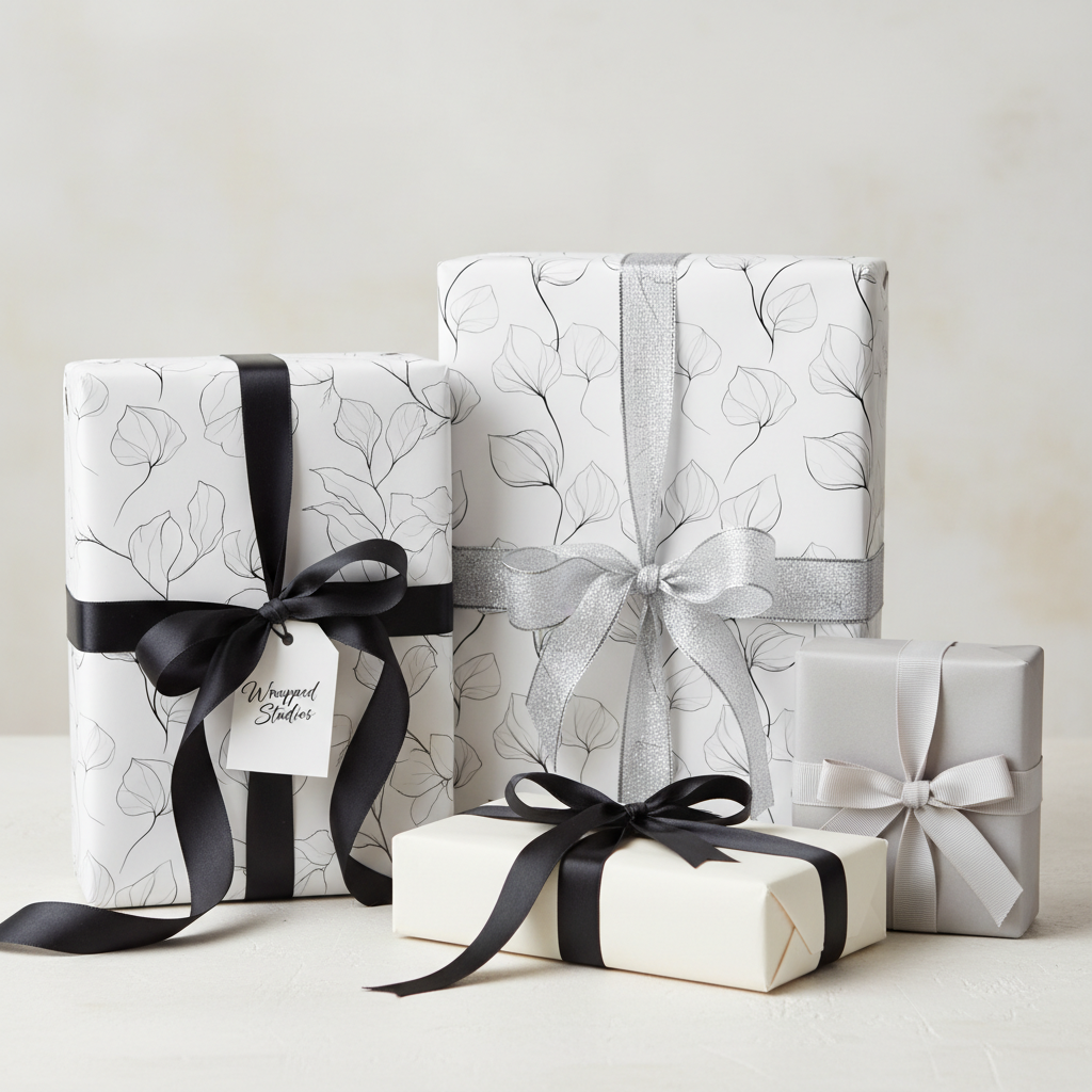 Elegant minimalist floral wrapping paper in black and white with silver and black ribbons, perfect for luxury gifts or weddings.