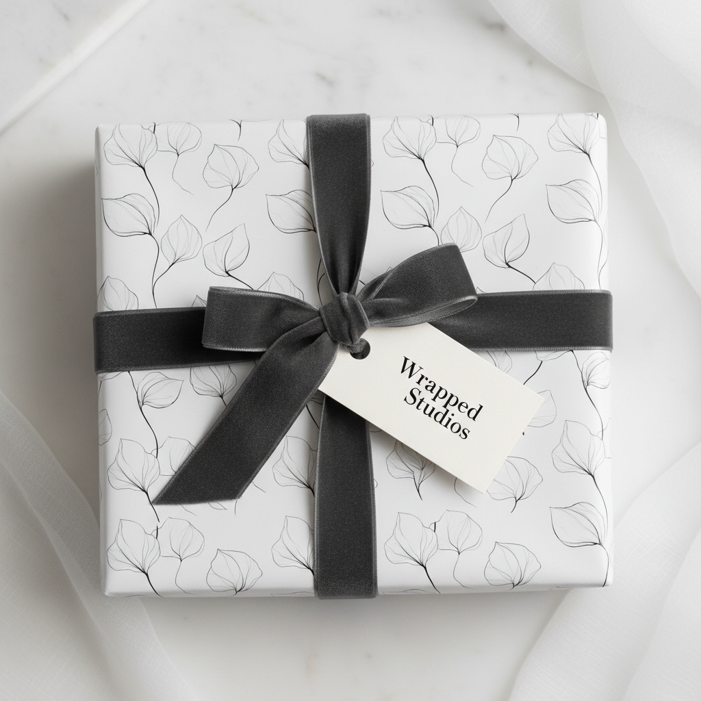 Elegant white wrapping paper with a minimalist black leaf pattern and a charcoal grey velvet ribbon, perfect for luxury gifts.