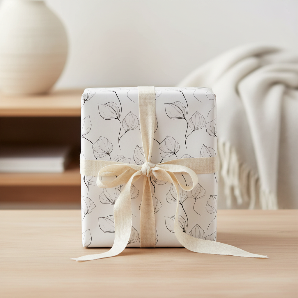 Elegant modern floral wrapping paper with delicate black leaf outlines and a cream ribbon, perfect for minimalist gift presentation.