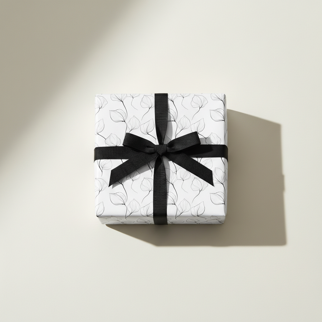 Modern minimalist white wrapping paper with black botanical leaf pattern and a black ribbon bow, perfect for elegant gifts.
