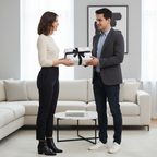 Modern monochrome patterned gift wrap with a black ribbon bow exchanged between a man and woman in a minimalist living room.