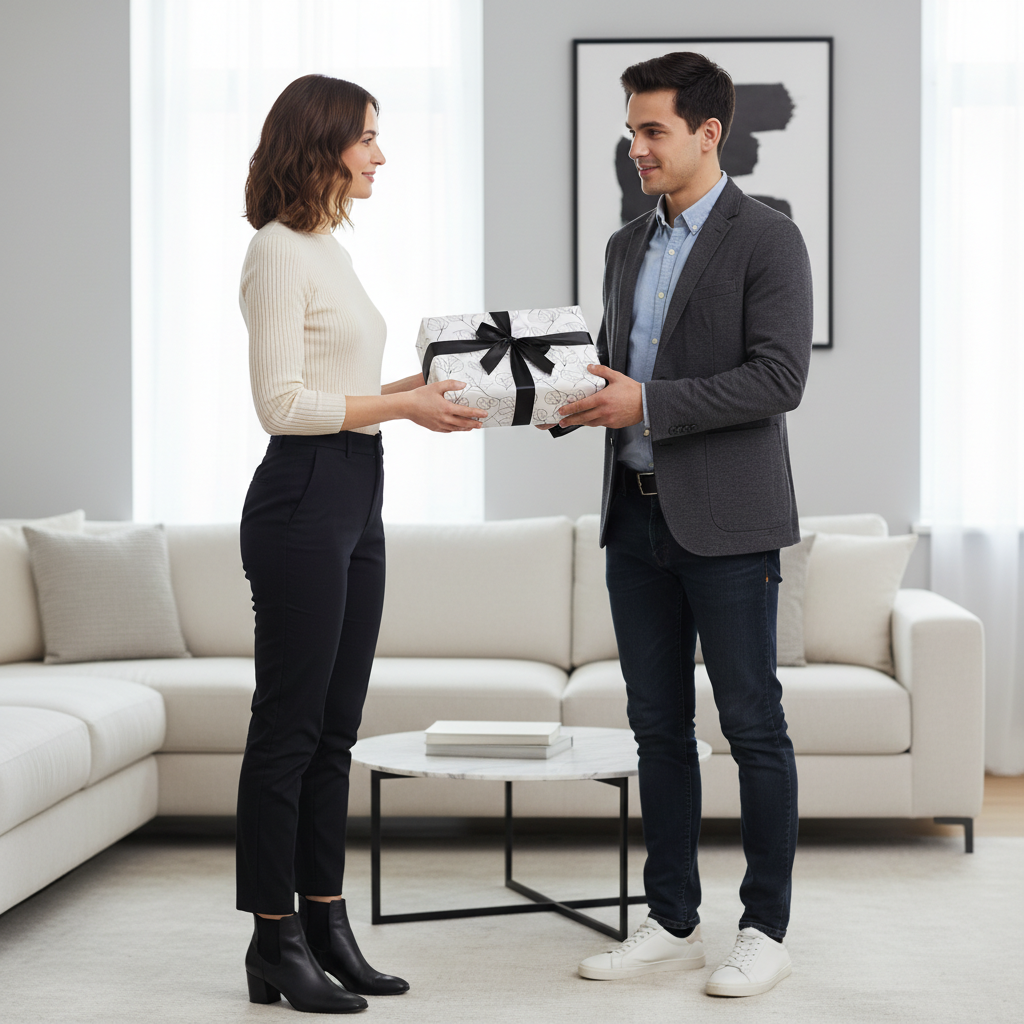 Modern monochrome patterned gift wrap with a black ribbon bow exchanged between a man and woman in a minimalist living room.