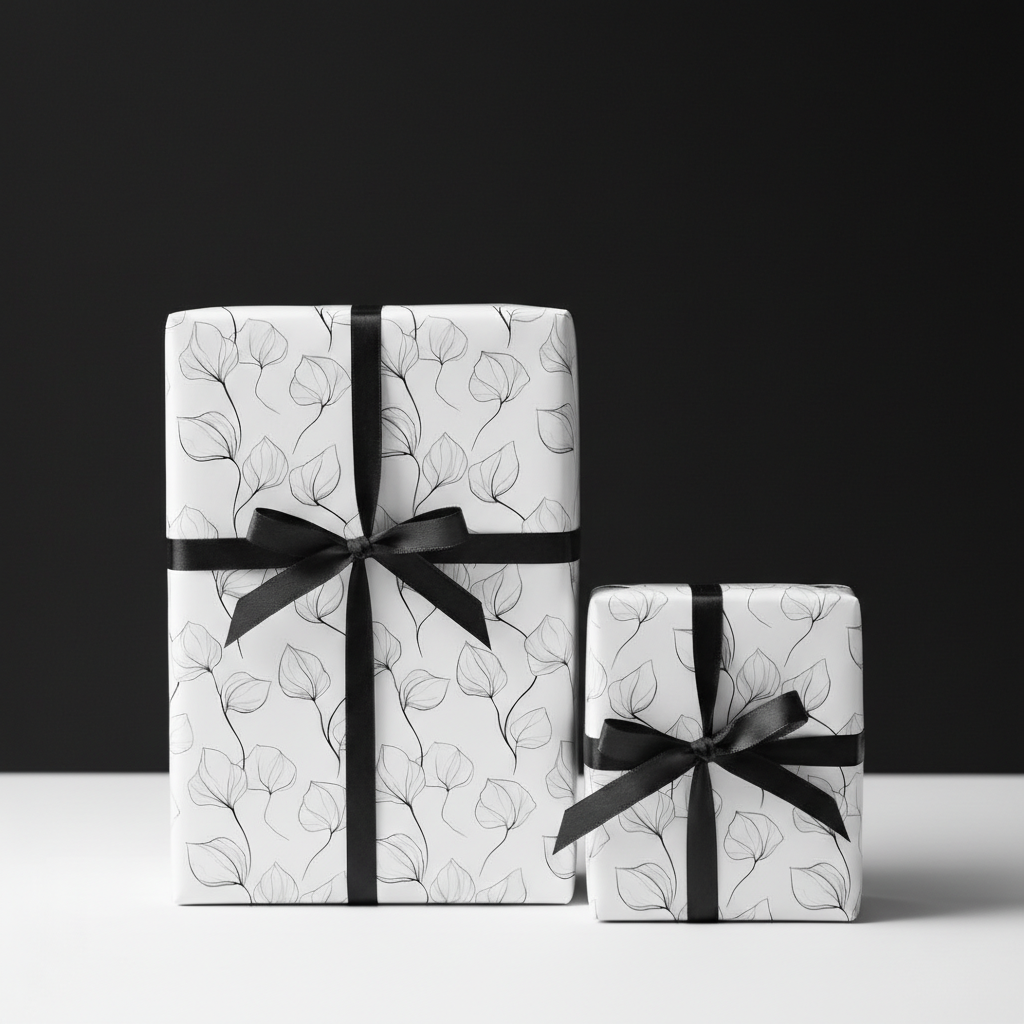 Elegant white floral wrapping paper with delicate black leaf illustrations and a black ribbon, perfect for luxury gifts.