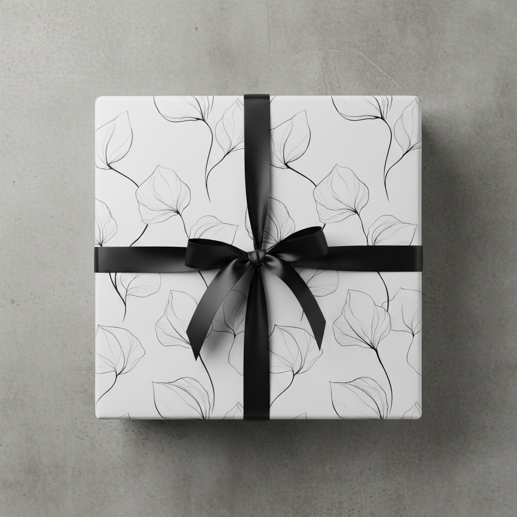Elegant minimalist floral wrapping paper with delicate black leaf outlines and a sleek black satin ribbon bow on a gray background.