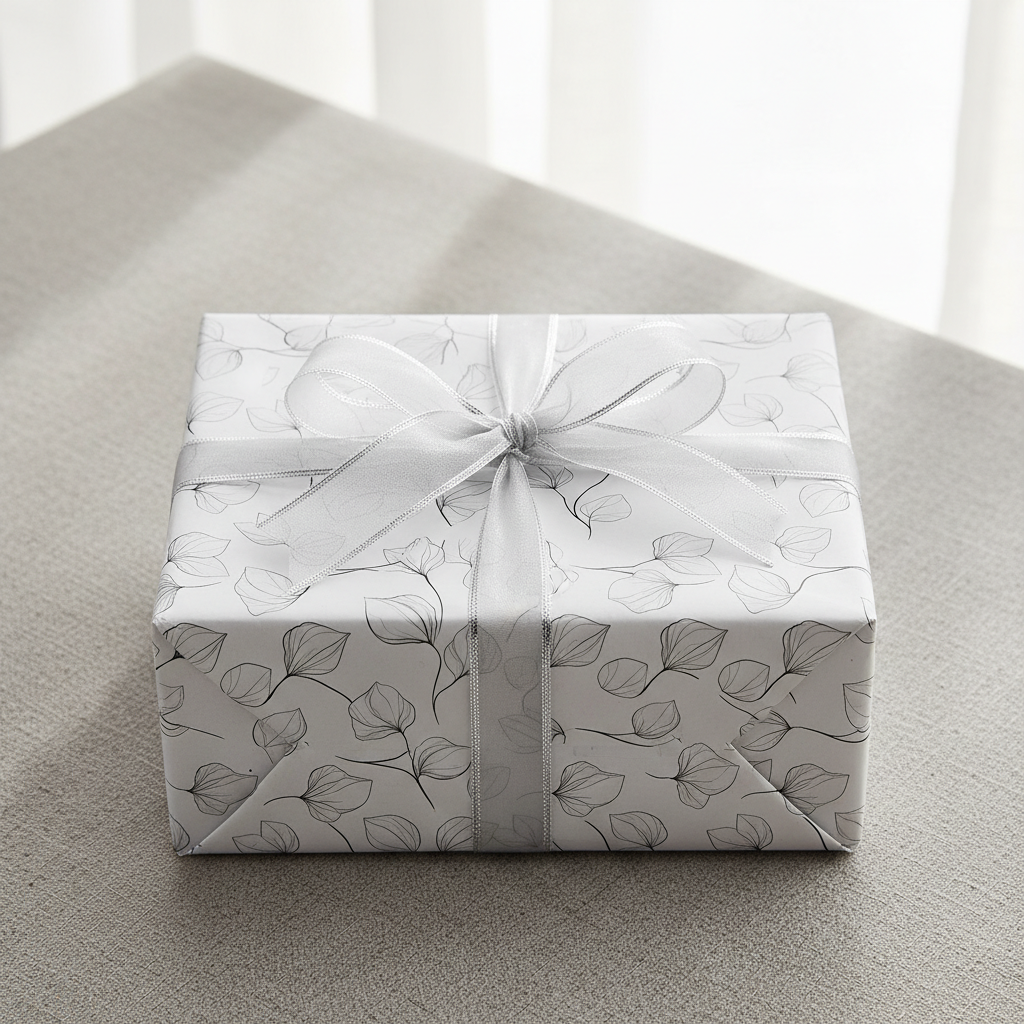 Elegant minimalist gift wrap with a delicate black botanical leaf pattern on white paper, tied with a sheer silver ribbon.